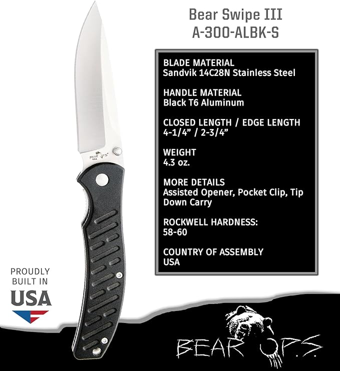 Bear & Son Cutlery A-300-AlBK-S Bear Swipe Iii Aircraft Aluminum Handle/Satin Finish Blade Knife, 4 1/4", Black
