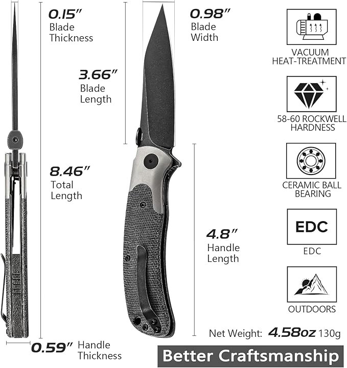 Folding Camping Knife,Black PVD S35VN Steel Blade,Titanium Bolster Micarta Scale Lightweight Handle,Thumb Disk EDC Pocket Knives for Men Hunting Fishing,UMa-04