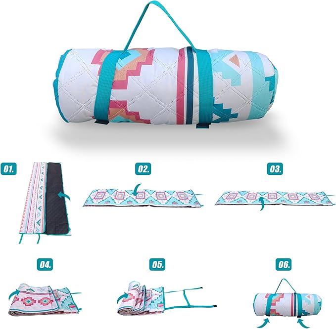 EXELNT Extra Large Outdoor Picnic Blankets Waterproof, for The Beach, Camping Travelling on The Grass, Park Blanket, Rolling Up Packaging，Portable Carring, 79" x 79" Picnic Mat - Aksu Style (Blue)