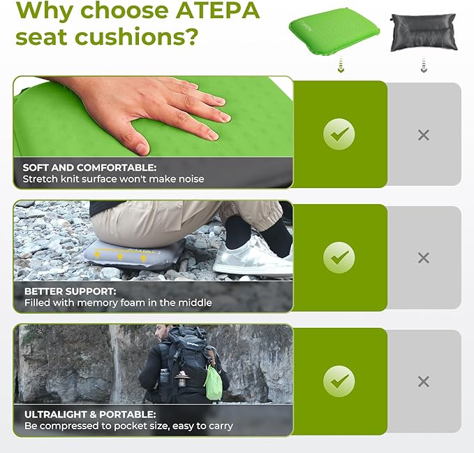 ATEPA Inflatable Seat Cushion Lightweight Self-Inflatable Memory Foam Seat Cushion for Stadium Airplane Trevel, Waterproof Portable Seat Cushion for Backpacking Camping Chair Pad, Llight Green