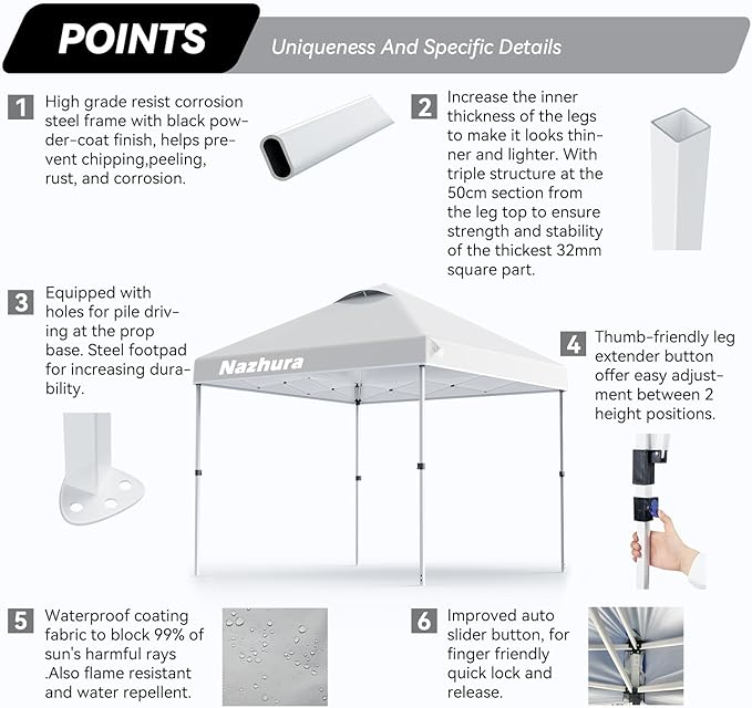 Nazhura 10' x 10' Pop Up Canopy Tent with Sand Weight Bag, Freestanding Sun Shelter for Picnic and Camping, One Person Setup and Height Adjustable (White)