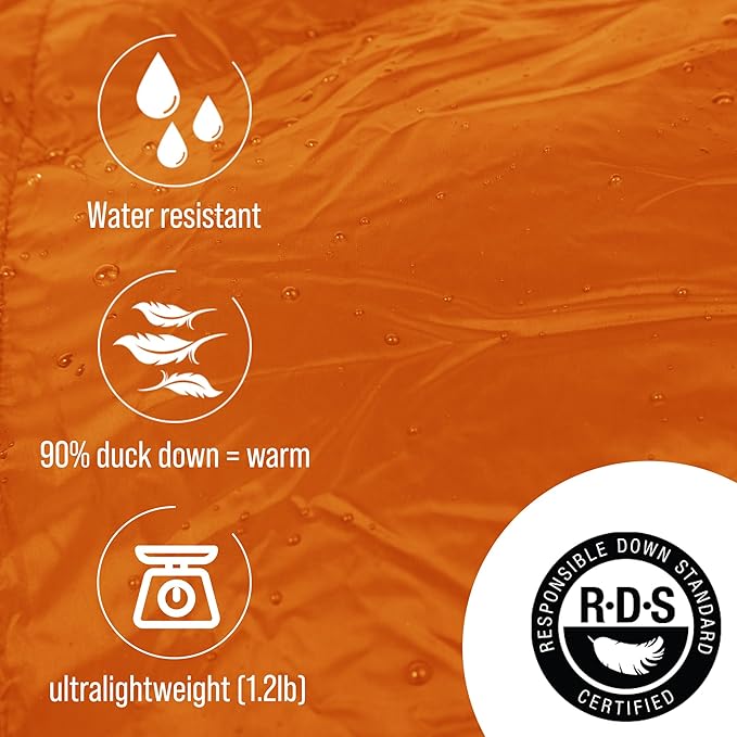 Luxurious Ultralight Down Camping Blanket | Perfect for Backpacking | Packable Puffy Outdoor Quilt with Hood & Pad Straps | Ideal for Travel Camping & Soccer Moms | 80x54 Orange