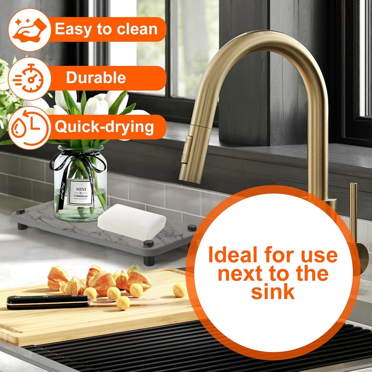 2 Pack Stone Drying Mat for Kitchen Counter, 15.7" x 11.8" Stone Sink Tray, Nesting Stone Dish Drying Mats with Non-Slip Feet for Kitchen