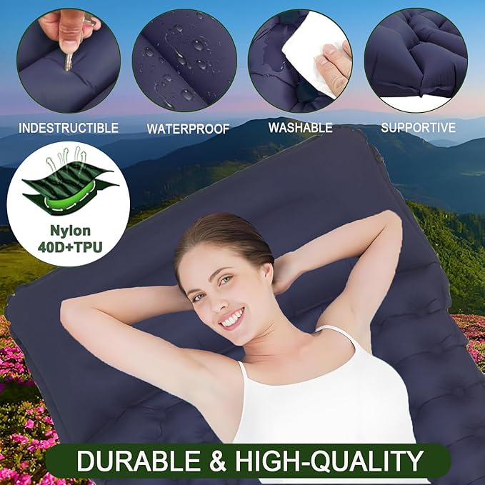 Sleeping Pad Ultralight Inflatable Camping Sleeping Pad with Pillow,Built-in Foot Pump,Lightweight Camping Mattress,Thick 4" Sleeping Mat for Camping Backpacking Hiking (Navy Blue, Single)