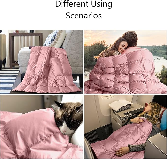 Soft Down Blanket Fluffy Lightweight Warm, Compact Portable Travel Throw Camping Blanket & Pillow Cushion, Airplane Train Beach Glamping Indoor Outdoor, 800 Fill Power 50x70'' Baby Pink