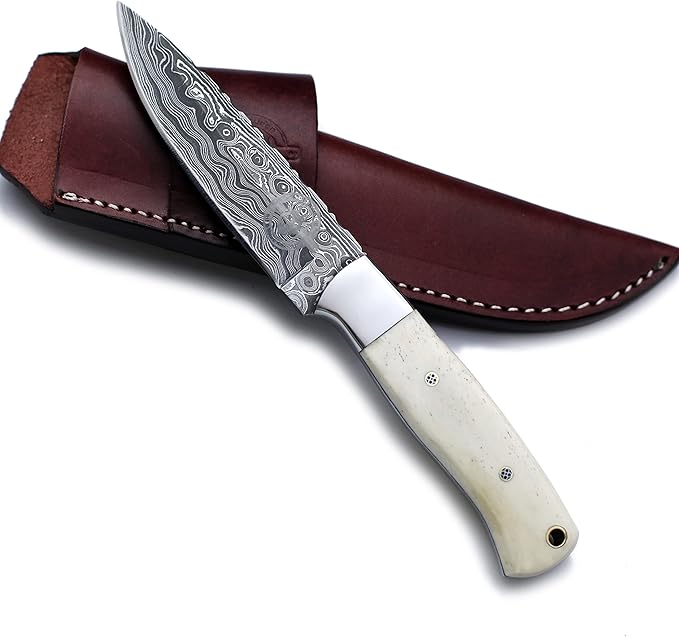 Handmade Damascus Steel Fixed Blade Knife Bowie for EDC,Hunting,Survival,Camping,Bushcraft,and Fishing with Drop Point Full Tang Bone Handel with Cowhide-Leather Sheath-WKD-789