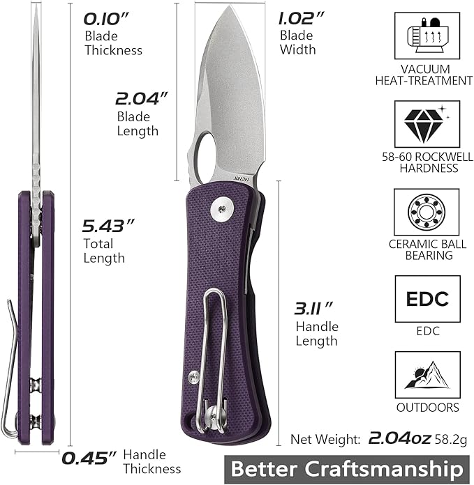 Pocket Knife for EDC,2.04in 14C28N Steel Blade,Purple G10 Reversible Deep Carry Clip Handle,Folding Thumb Hole Knives for Men and Women，Andromeda-03PG