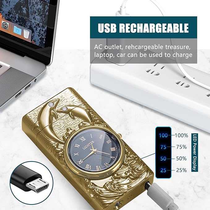 Arc Lighter Rechargeable Electric Lighter Plasma USB Lighter with Clock Dial Cool Windproof Candle Lighter with Battery Indicator for Candles, Fireworks, Incense (Gold Dolphin)