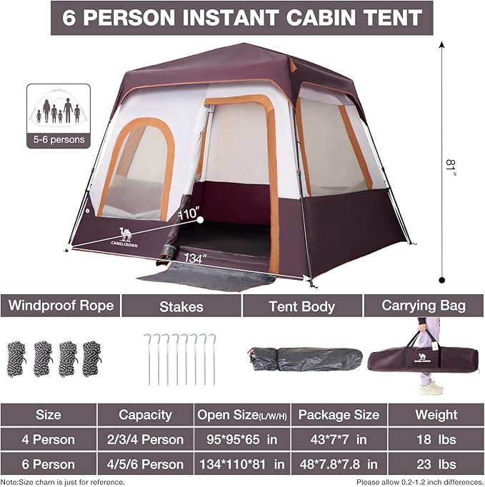 CAMEL CROWN Cabin Tent with 1-Minute Setup, 4/6 Person Instant Tent with Weatherproof Floor
