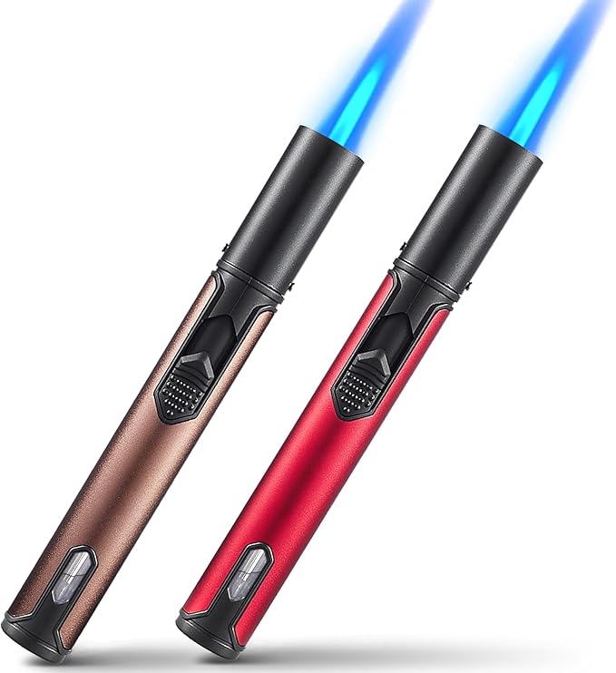 Luxgaze Long Torch Lighters, 2 Pack Butane Torch Lighter Refillable Gas Jet Flame Lighter Adjustable Windproof Pen Torch Lighter for Camping Candle Grill BBQ Outdoor Fireworks (Fuel Not Included)