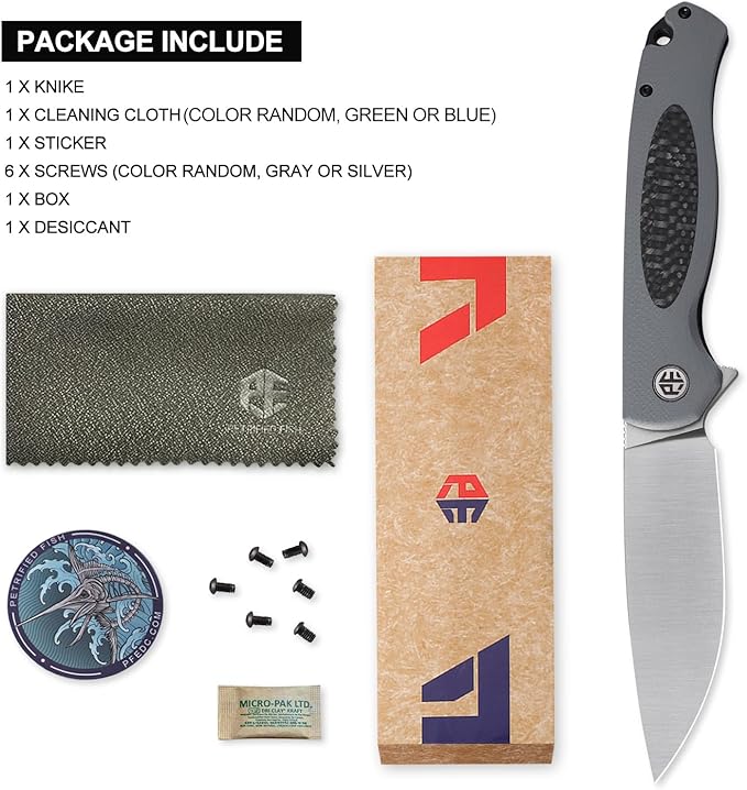 Petrified fish PFB03 Stamp Pocket Knife, 3.58" D2 Satin Blade, 4.79 oz G10 Handle Flipper Liner lock Folding Knife (Gray & Satin)