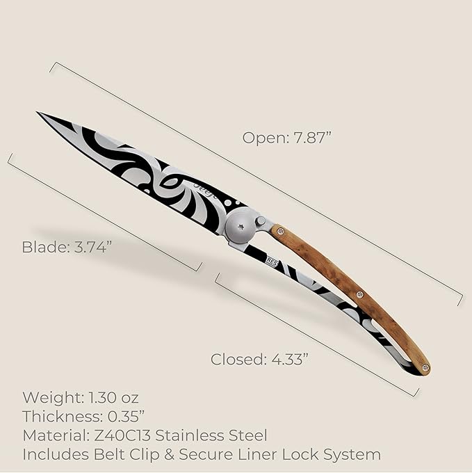 deejo - Ultra-light folding pocket knife with belt clip - Version Juniper 1.3 OZ - Fine and sharp blade - Tribal motif - Stainless steel - Elegant and modern design