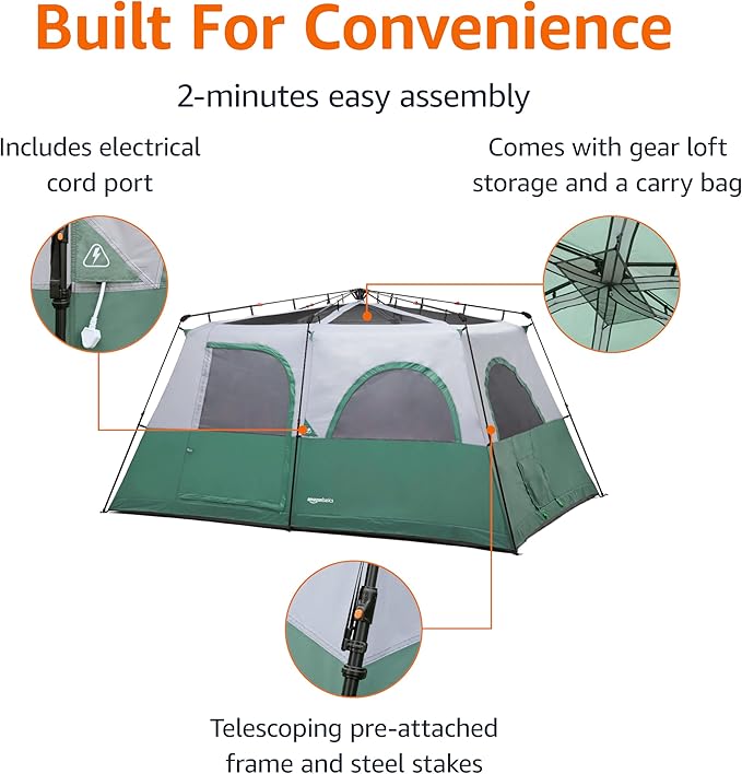 Amazon Basics Instant Camping Tent with Rainfly, Weather-Resistant, Quick Setup
