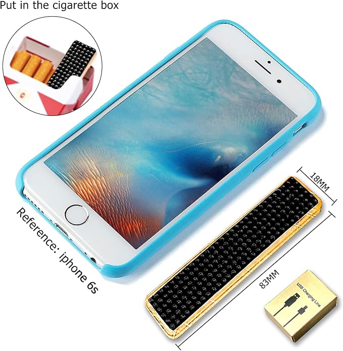 Rhinestone Lighter Electric Lighter Rechargeable Bling Glitter USB Lighter Flameless Girls Lighter for Women (Black)