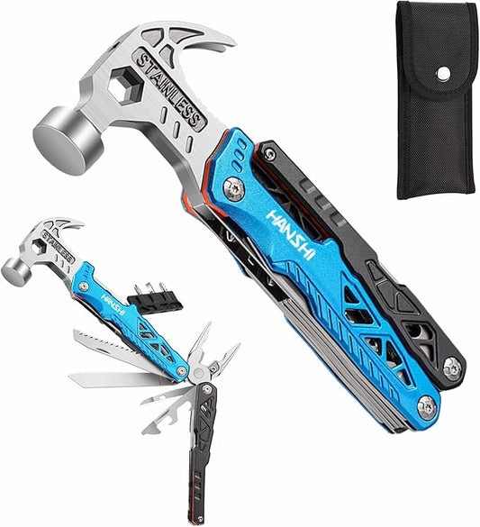 Replaceable Wire Cutter Hammer Multitool with Nylon Sheath for Outdoor,Camping,Survival,Hiking,17 In 1 Pocket Multi Tool with Spring-Action Plier,Knife,Flint Rod,Safty Whistle for Gift