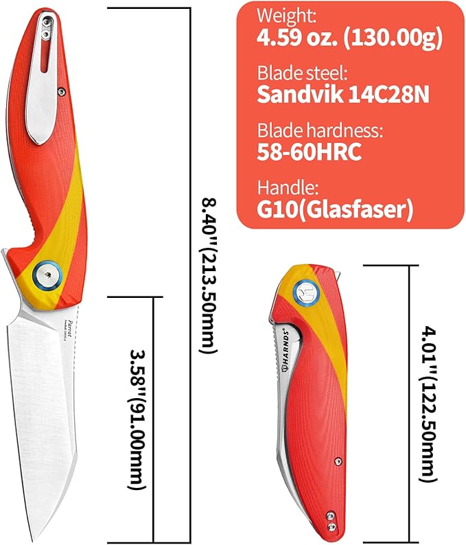 Parrot Folding Pocket Knife with Clip and Blade Lock, 8.4" EDC Folding Knife with Sweatproof G10 handle and 14C28N Stainless Blade (Red & Yellow)