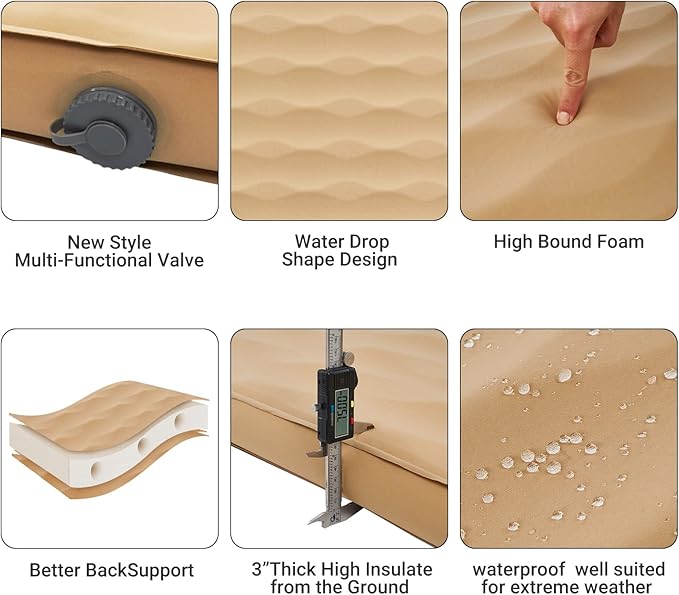 KingCamp Self Inflating Sleeping Pad Double Camping Mattress Queen Size Foam Pad 11 R-Value 3" Thick 79" × 50" Lightweight Luxury 3D Sides Camping Foam Mat, Khaki…