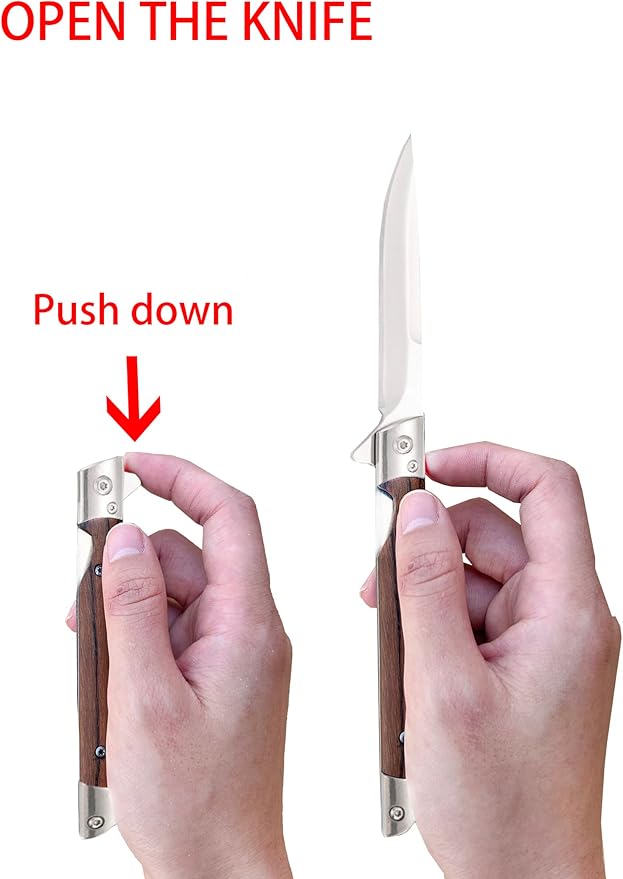 Pocket Folding Knife with 3.4”Stainless Steel blade and Handle with liner-lock，pocket clip and sheath (wood)