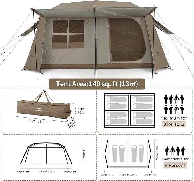 Naturehike Village Camping Tent,4/6/8 Person Tents for Camping, 60S Easy Setup Instant Tent for Family Camping, Car Camping