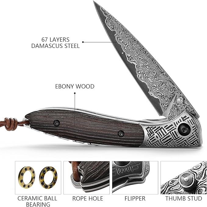 Handmade Damascus Steel Folding Pocket Knife with Leather Sheath,Ebony Wood Handle Thumb Stud Knives for Men EDC Hunting Camping EDC,Piscis Austrinus-01E