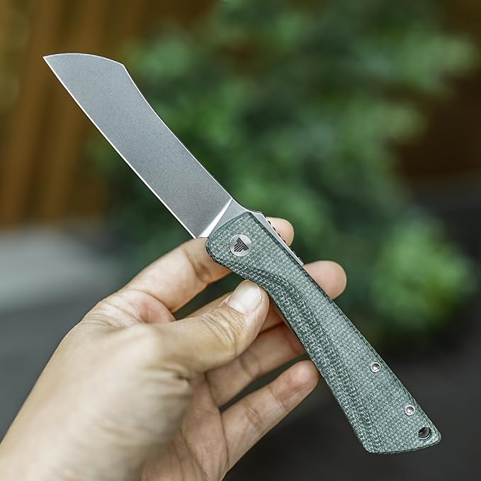 Japanese Pocke Folding Knife with Clip,Stonewashed 14C28N Steel Blade,Green Micarta Handle,Front Flipper Modern Higonokami EDC Knives for Men,Norma-04G