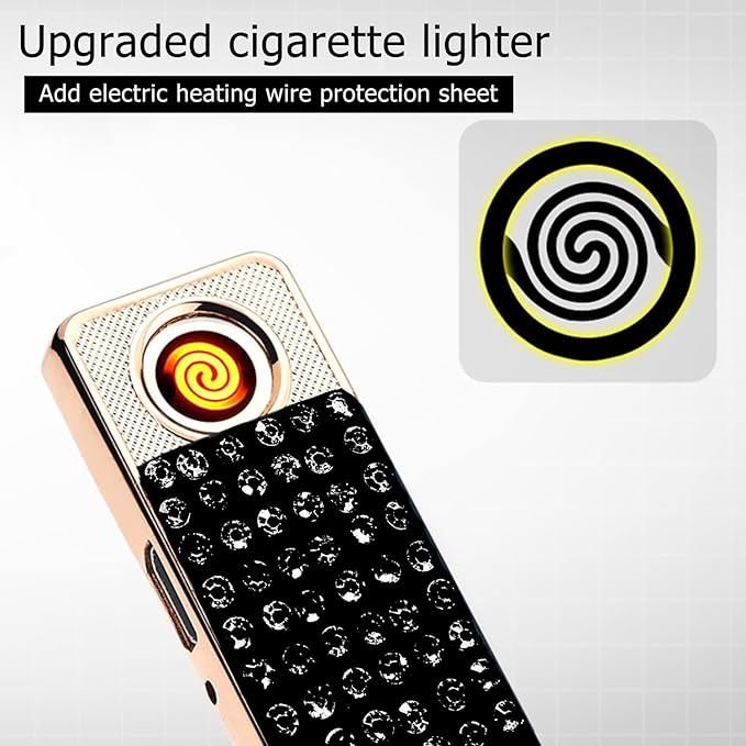 Rhinestone Lighter Electric Lighter Rechargeable Bling Glitter USB Lighter Flameless Girls Lighter for Women (Black)