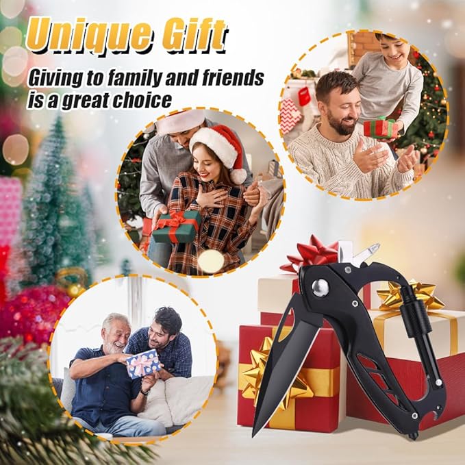 Multitool Carabiner with Pocket Knife, EDC Carabiners Keychain with Folding Knives, Survival Gear for Camping Hiking with a Whistle, Bottle Opener, Window Breaker, Screwdriver, Gifts for Men