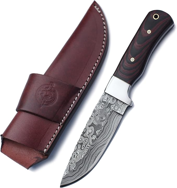 Handmade Damascus Steel Knife Bowie for Hunting,Survival,Camping,Bushcraft,and Fishing Fixed Blade with Drop Point Full Tang Micarta Handle,Leather Sheath - WKD-778
