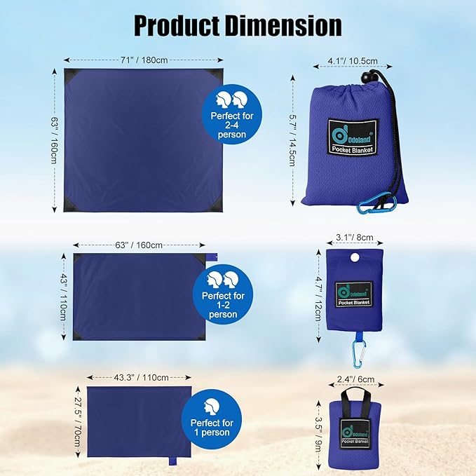 Odoland Beach Blanket Picnic Blanket, SandProof Waterproof Outdoor Pocket Blanket with Portable Bag, Foldable Lightweight Sand Free Quick Drying Beach Mat for Hiking Camping Picnics Travel Concert
