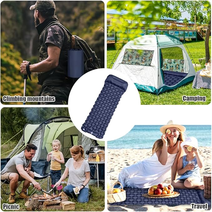 Sleeping Pads for Camping,Ultralight Inflatable Sleeping Pad for Camping with Pillow,Built-in Pump,Waterproof Nylon foror Camping, Backpacking, Hiking, Tent Mattress (Dark Blue)