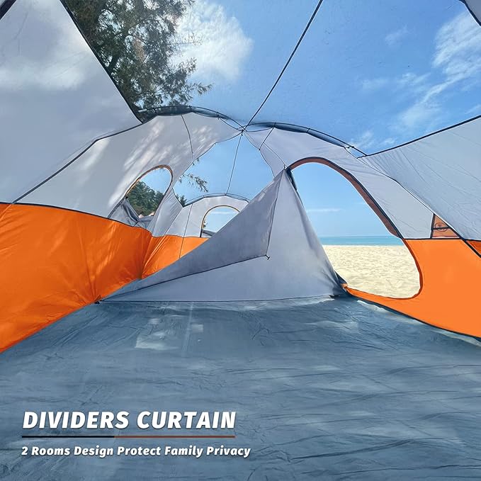 UNP Camping Tent 10-Person-Family Tents, Parties, Music Festival Tent, Big, Easy Up, 5 Large Mesh Windows, Double Layer, 2 Room, Waterproof, Weather Resistant, 18ft x 9ft x78in