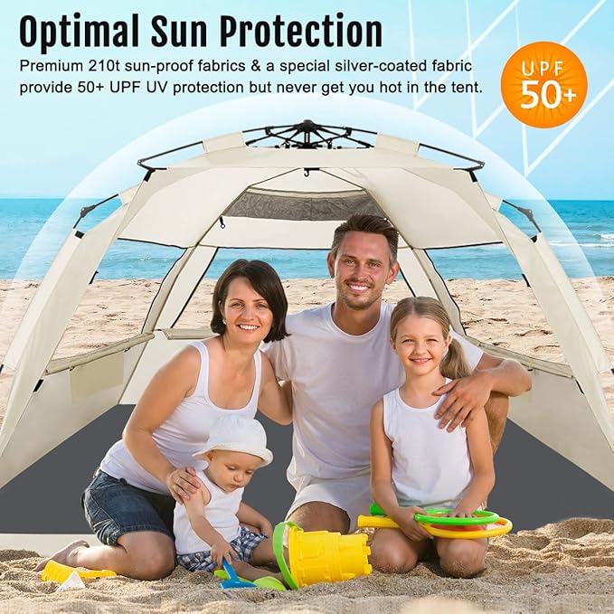 WhiteFang Deluxe Pop Up Beach Tent Sun Shade Shelter for 3-4/5-6 Person, UV Protection, Extendable Floor with 3 Ventilating Windows Plus Carrying Bag, Stakes, and Guy Lines