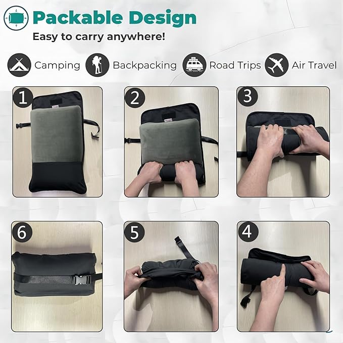 Compressible Travel Pillow, Memory Foam Camping Pillow, Contoured Support, Breathable Cover, Lightweight Easy-to-Carry for Backpacking, Airplane, Car