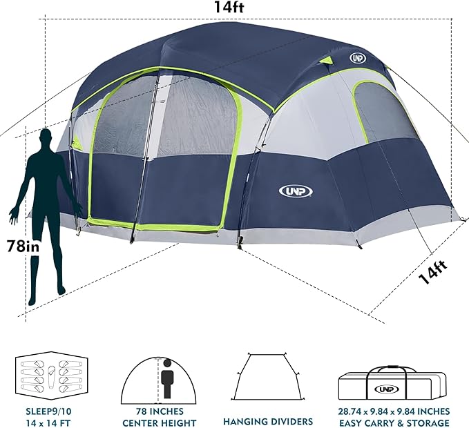 UNP Camping Tent 8/9 Person, Family Camping Tent, 5 Large Ventilation Mesh Windows, 14'x14'x78 inches Tall with Dividers Curtain for 2 Room