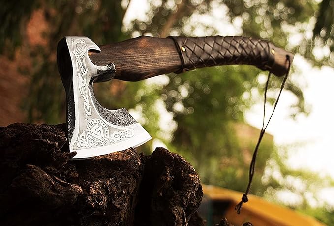 Hand Forged Etched Viking Axe – 20” inches Ash Wood Handle Camping Axe with Leather Sheath – High Carbon Steel Hatchets and Axes, Wood Splitting Axe, Throwing Axes - Gift for HIM (Valknut Axe)