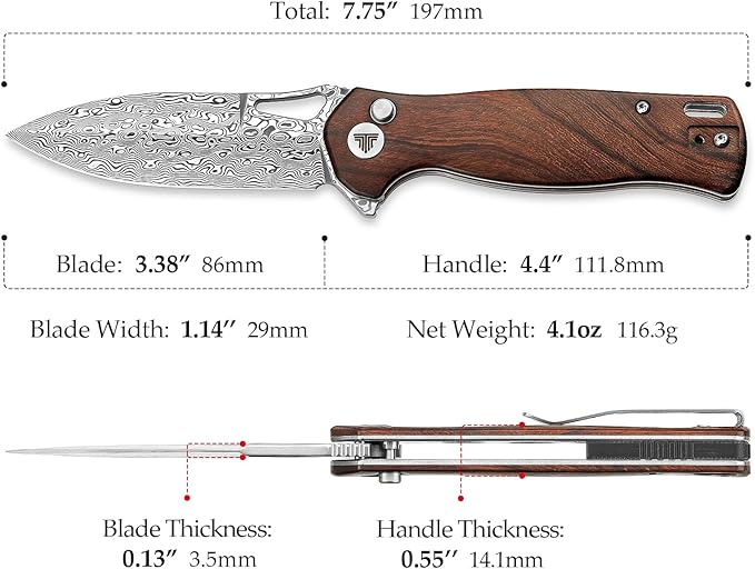 Knives - Crateris-01 | 3.38" Damascus Pocket knife for Men with Clip，Folding Knife Button Lock & Flipper,Ironwood Scales for EDC Camping Tool（ Polished Blade）