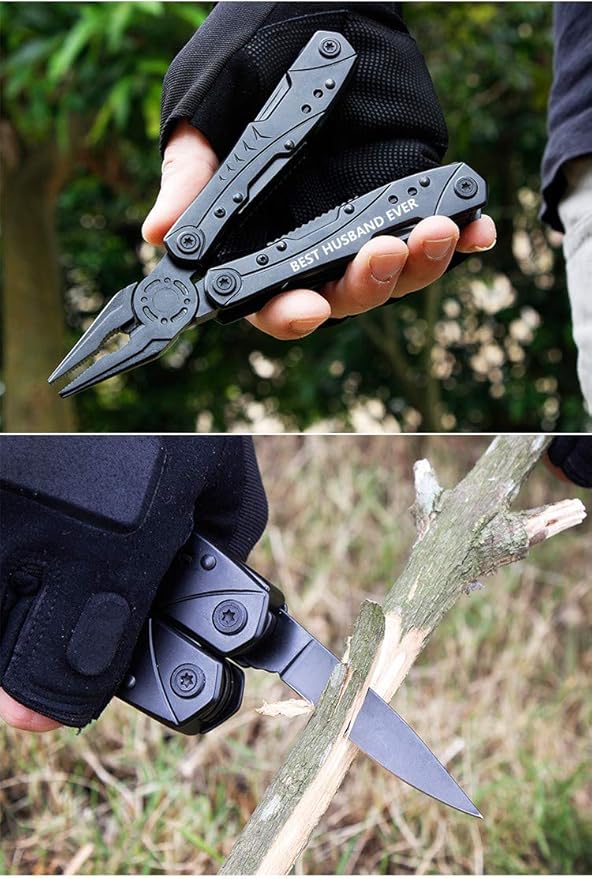 Personalized Gift for Men Dad Husband Son - Multitool Camping Tool Survival Gear, All in One Tools Stainless Steel Sturdy Multitool (BEST HUSBAND EVER -B)