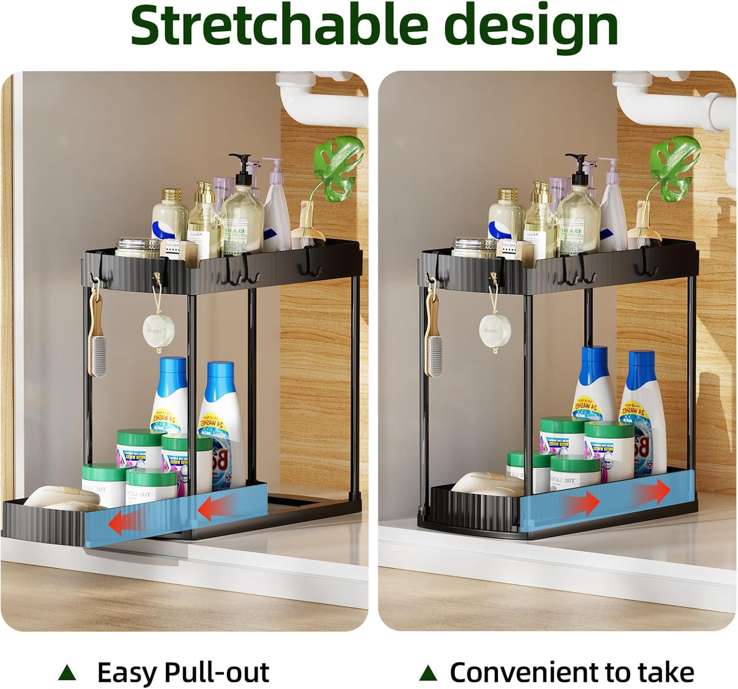 2 Pack Under Sink Organizer, Multi-Purpose Pull Out Cabinet Organizer and Storage for Bathroom & Kitchen, 2 Tier Sliding Cabinet Organizer Drawer