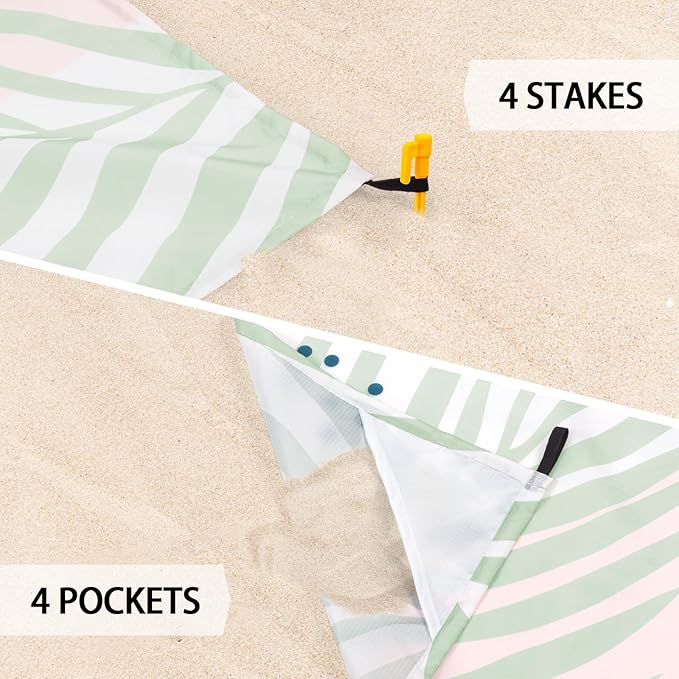 Beach Blanket Waterproof Sandproof, 9 Ft X 10 Ft Extra Large Sand Free Beach Mat, Big Compact Lightweight Quick Drying Camping Blanket with 4 Stakes & 4 Pockets for Picnic, Travel, Hiking