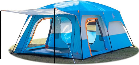 KTT Extra Large Tent 10-12-14 Person(A),Family Cabin Tents,2 Rooms,3 Doors and 3 Windows with Mesh,Straight Wall,Waterproof,Double Layer,Big Tent for Outdoor,Picnic,Camping,Family Gathering