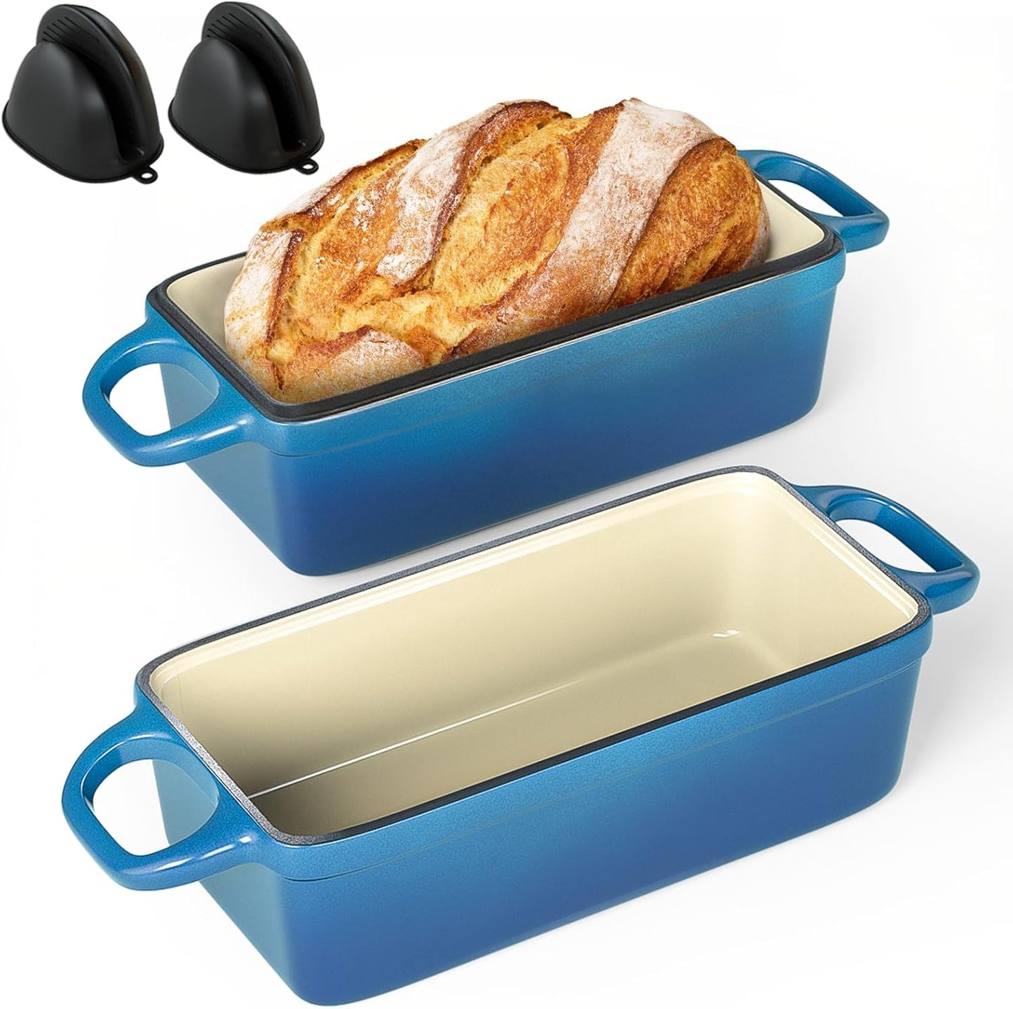 2 IN 1 Cast Iron Bread Loaf Pan with Lid, 3.4QT 9x5 Inch Dutch Oven for Bread Baking, Even Heating Bread Oven, Enameled Bread Pan for Homemade Sourdough Bread Baking & Versatile Cooking, Blue