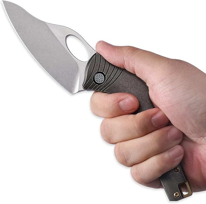 Knife Amuse-C04 Thumb Hole Knife,3.85" M390 Steel Blade Stonewashed,6AL4V Titanium Handle,Frame Lock Folding Knife,Titanium Pocket Clip(Bronze)