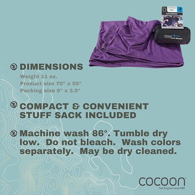 COCOON - Coolmax Travel Blanket | Compact Throw Blanket for Camping and Hiking | Fits in Backpack | Attaches to Luggage | Travel Essential | Fast Drying (Regular 70" x 55")