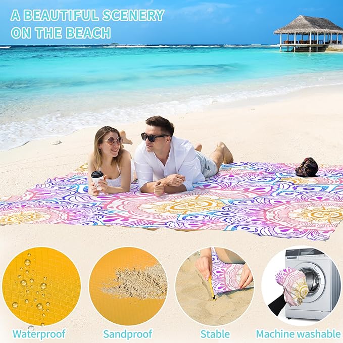 BYDOLL Beach Blanket Waterproof Sandproof 78''×110'' 1-7 Adults Oversized Lightweight Waterproof Sandproof Blanket Large Mat Beach Blanket for Beach Travel Camping Hiking Picnic