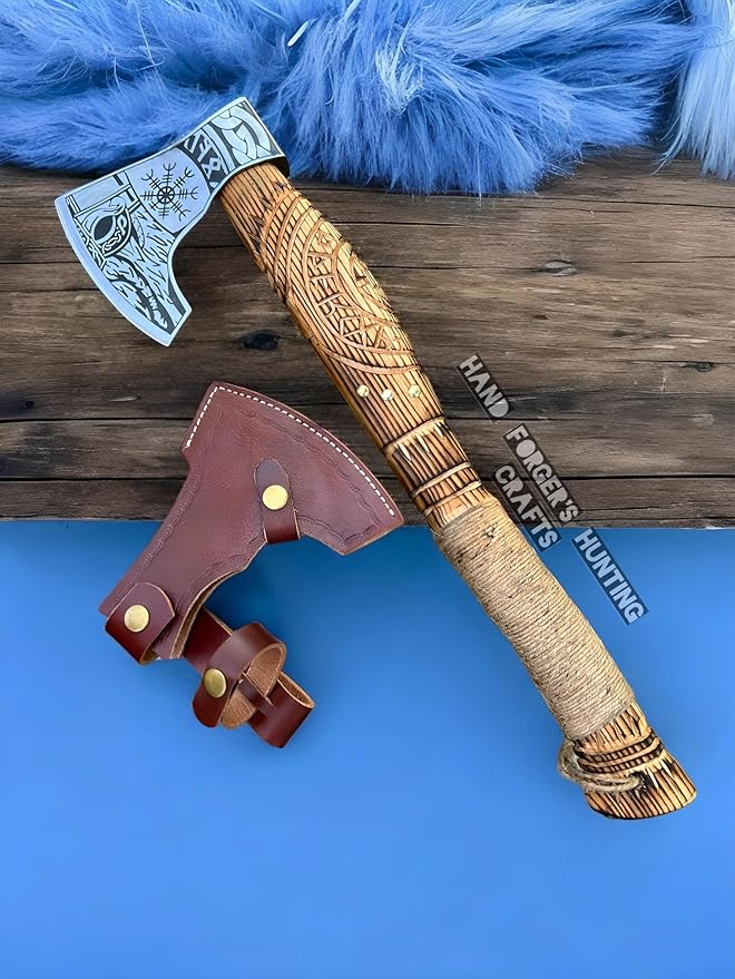 Viking Axe Set Hatchet, Throwing Axes, Hand Axe for Him! Woodworking Tools, Viking Gifts for Men, Camping Hatchet, Tomahawk, Bearded Axe Included by Hand Forger Hunting Crafts