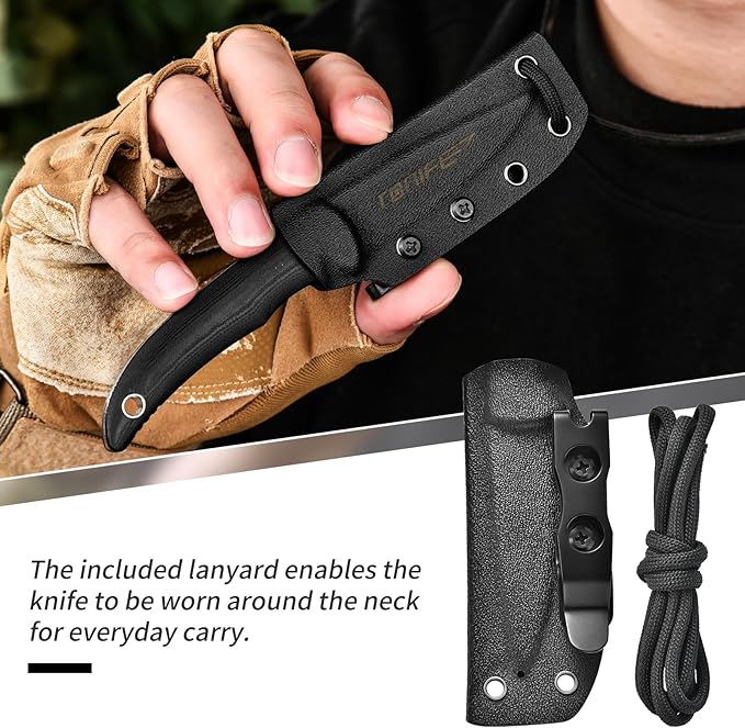 TONIFE Nova 2.68'' Blade Mini Neck Knife Knife Full Tang Fixed Blade Knife with Kydex Sheath and Adjustable Paracord Lanyard for Camping Outdoor Survival Tool (Black+Black Titanium)