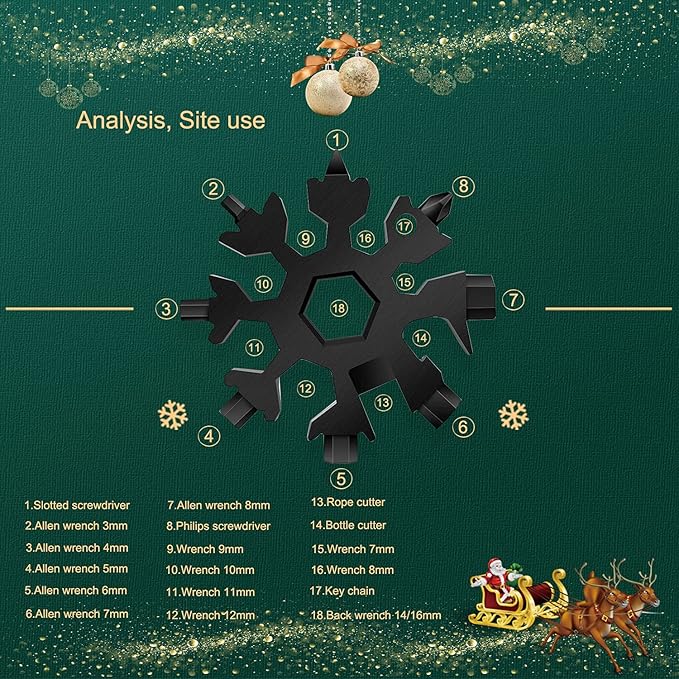 Snowflake Multitool,18-in-1 Stainless Steel Snowflake Tool, Snowflake Wrench Screwdriver with Key Ring,Carabiner Clip (Black)