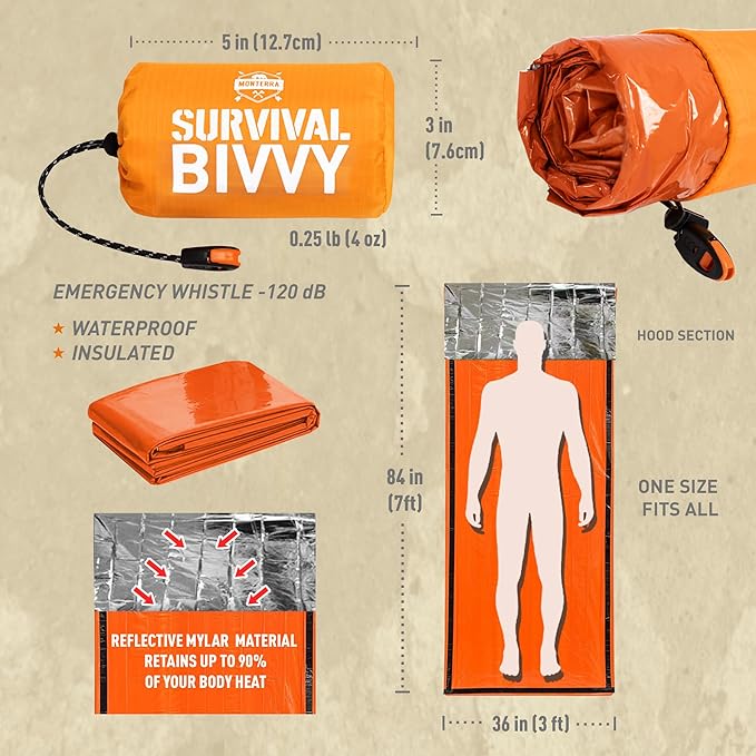 Monterra Emergency Survival Bivvy, Sleeping Bag, Hiking Essentials, Bivy Sack, Outdoor Gear and Equipment, Camping Accessories.