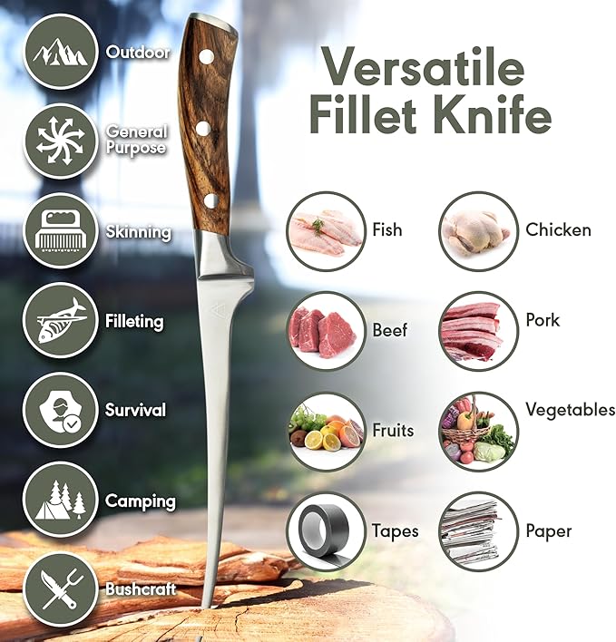 Bushcraft Fillet Knife, 12 Inch Best Fillet Knife for Fish, Boning Knife for Meat Cutting, 440C Stainless Steel Fish Fillet Knife by Kratos - ZF4F