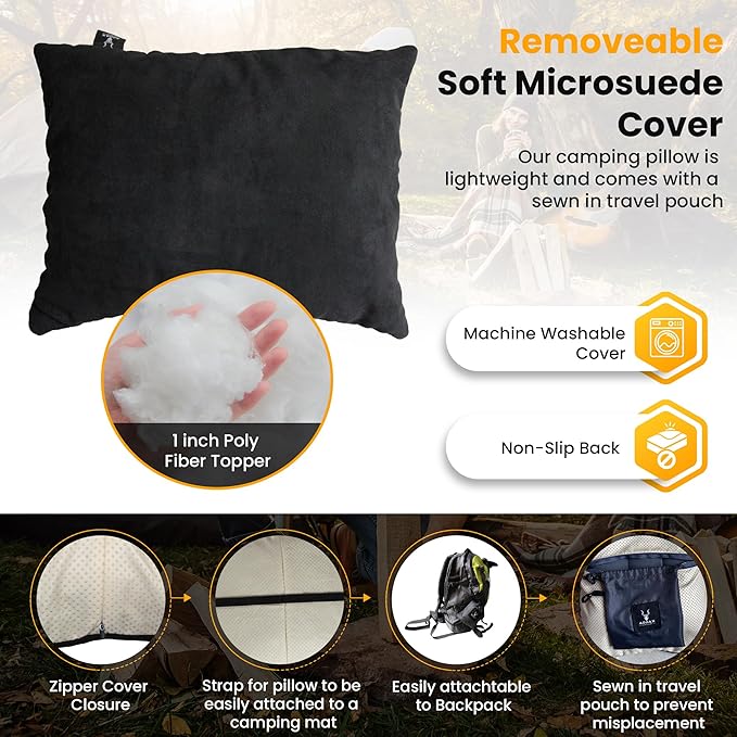 Hybrid Inflatable Pillow for Camping with Padding | Camping Pillows for Sleeping with Washable Cover | Backpacking Pillow Ultralight